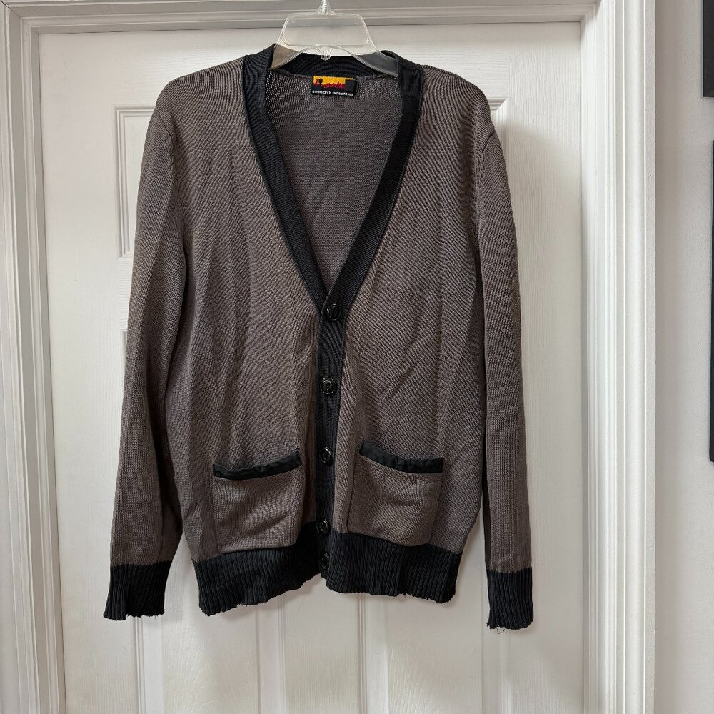 Brooklyn Industries 100% Cotton Grey w Black trim Cardigan sweater size Medium